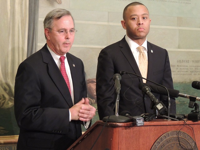 Senate President Pro Tem Brian Bingman and House Speaker T.W. Shannon address the media following Gov. Mary Fallin's State of the State Address at the Capitol Monday.  