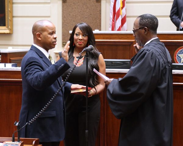 Oklahoma Supreme Court Justice Tom Colbert administers the Oath of Office to Sen. Kevin Matthews who won the Senate District 11 seat in a special election.