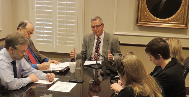 Senate President Pro Tempore Brian Bingman discusses Governor Mary Fallin’s sixth State of the State address with members of the press. 