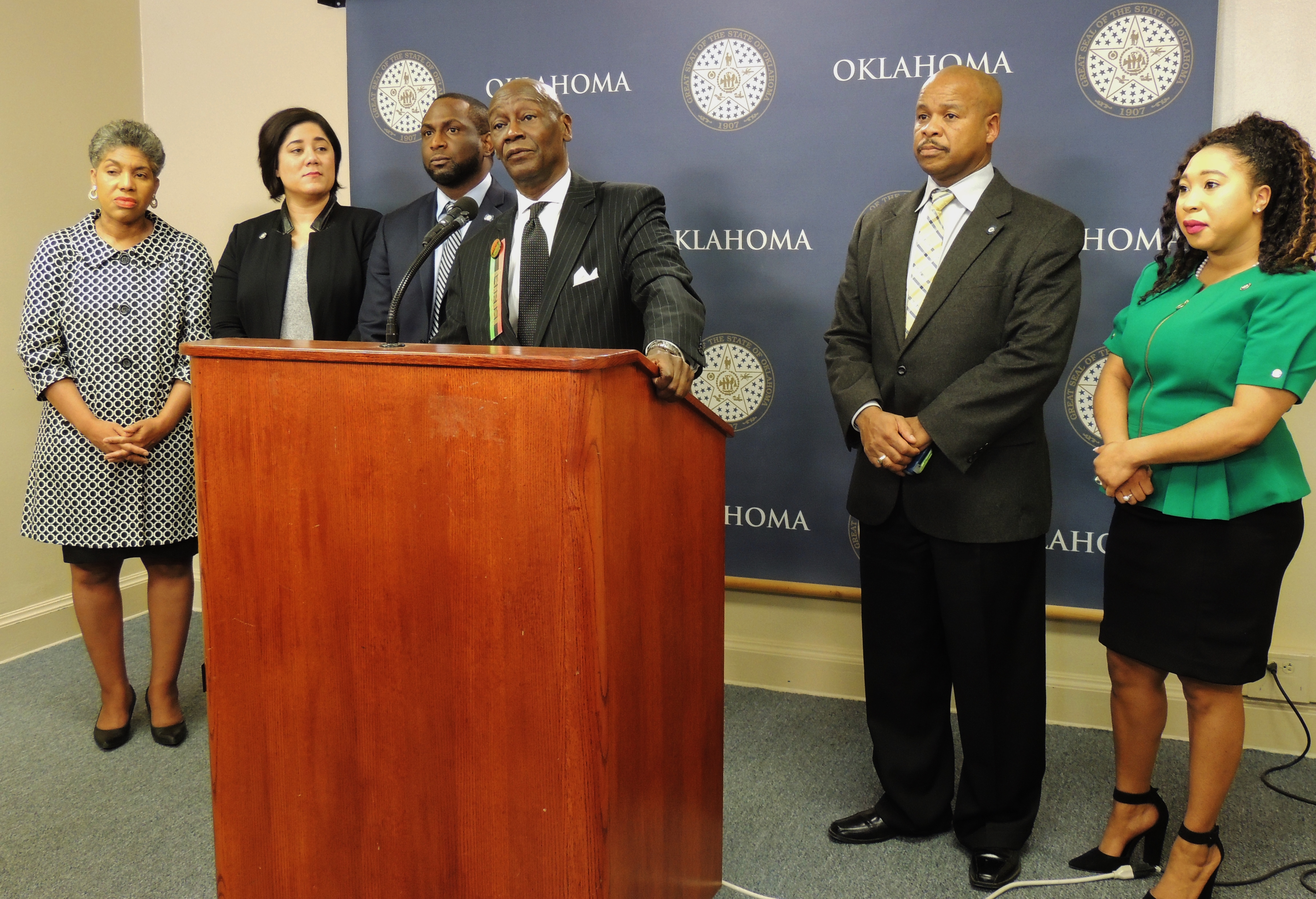 Legislative Black Caucus members outline diversity and cultural reforms for OU at a press conference Friday, February 1 at the State Capitol.  Pictured from left to right are: Rep. Regina Goodwin, Rep. Merelyn Bell, Rep. Jason Lowe, Sen. George Young, Se