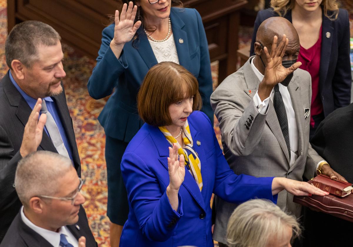 Sen. Mary Boren, D-Norman, is sworn in for her second term during a ceremony in the Senate Chamber. 