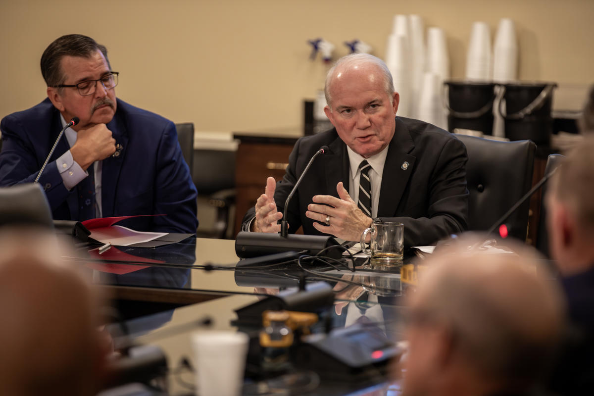 Senate Aeronautics & Transportation Chair John Haste addresses the House Transportation Committee during an interim study Tuesday on challenges facing the transportation industry beside committee chair Rep. Ronny Johns.