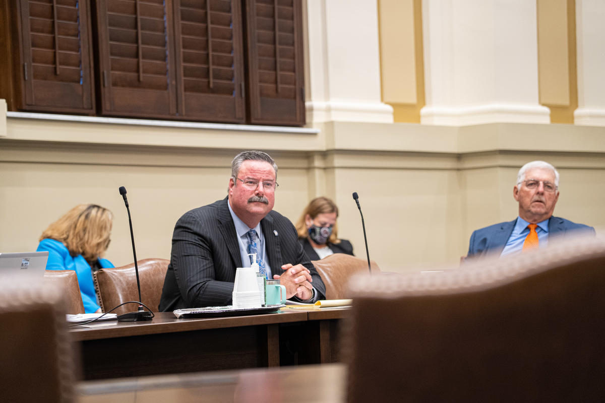 Sen. Casey Murdock, R-Felt, listens to presentations during his interim study about the rules and regulations facing beef processing facilities.  