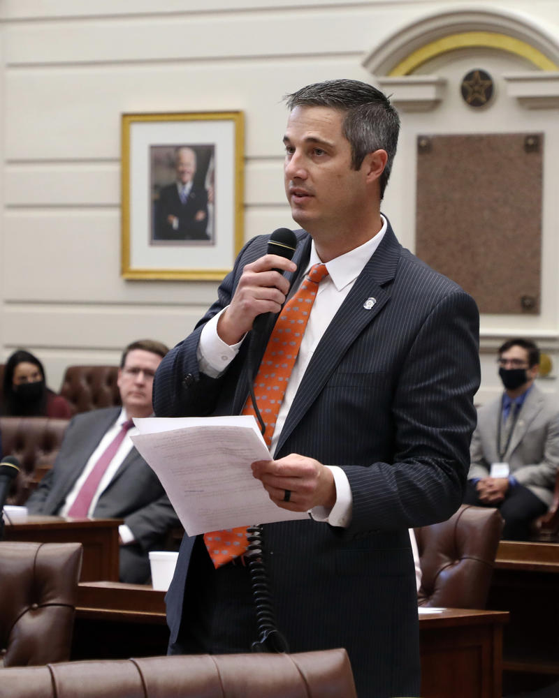 Sen. Chris Kidd, R-Waurika, presents SCR7 designating cotton as the state's official fiber Monday.