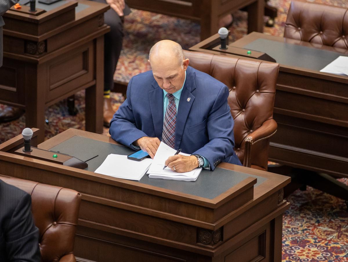Sen. Dewayne Pemberton, R-Muskogee, works on the Senate floor. 