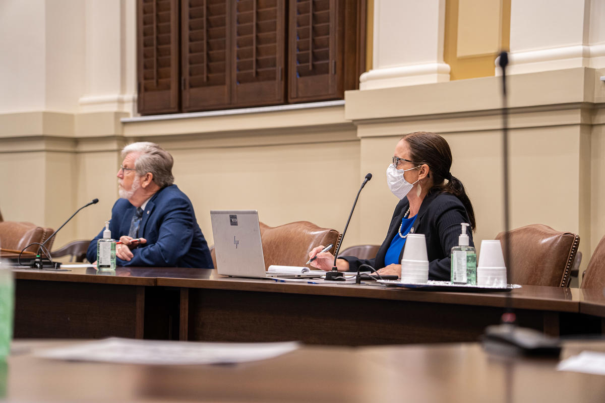 Sen. Julia Kirt, D-Oklahoma City, and Sen. Roger Thompson, R-Okemah, listen to a presentation during their October 14 interim study.