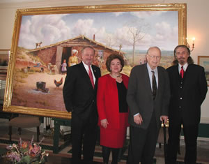 Sen Ford, Lou and Robert S. Kerr, Jr., and artist Wayne Cooper with the newly dedicated painting, Dugout Soddy on the Prairie