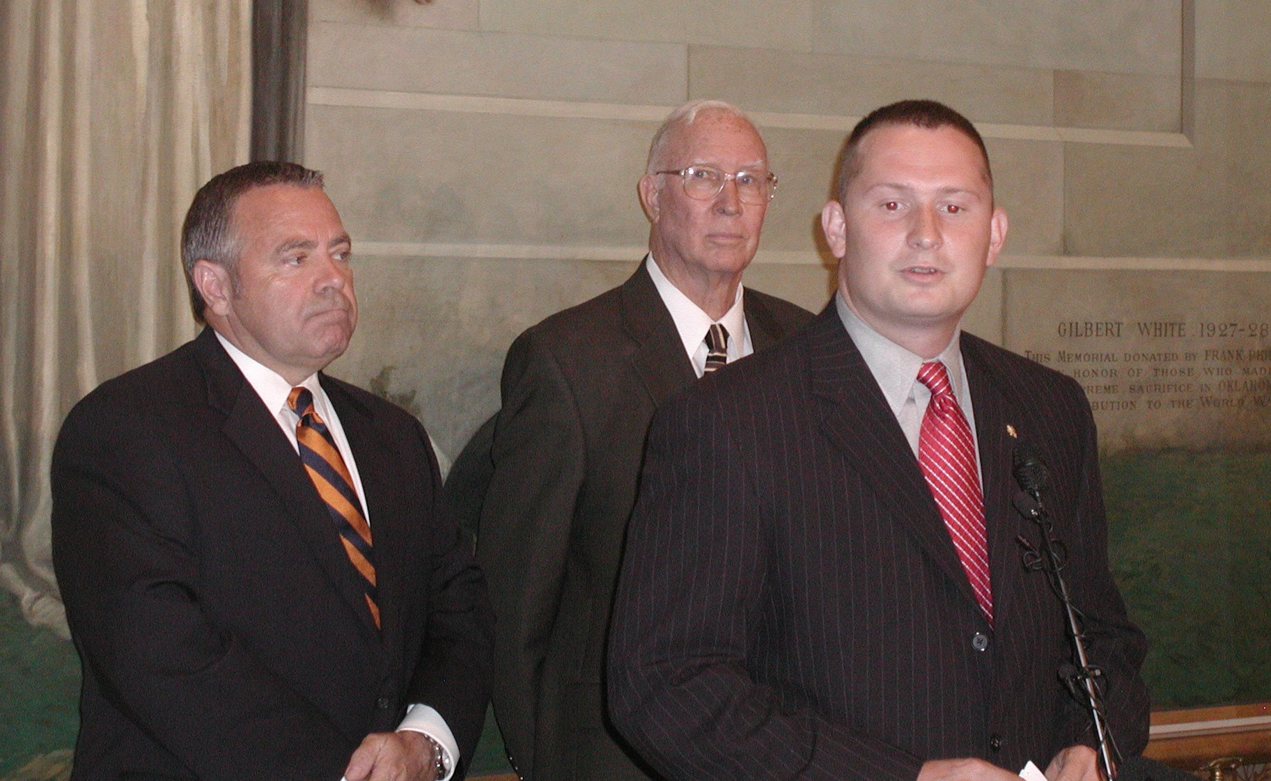 Senate President Pro Tem Mike Morgan & Sen. Gilmer Capps listen as Sen. Kenneth Corn presents the details of the Senate plan to fund the Department of Corrections.