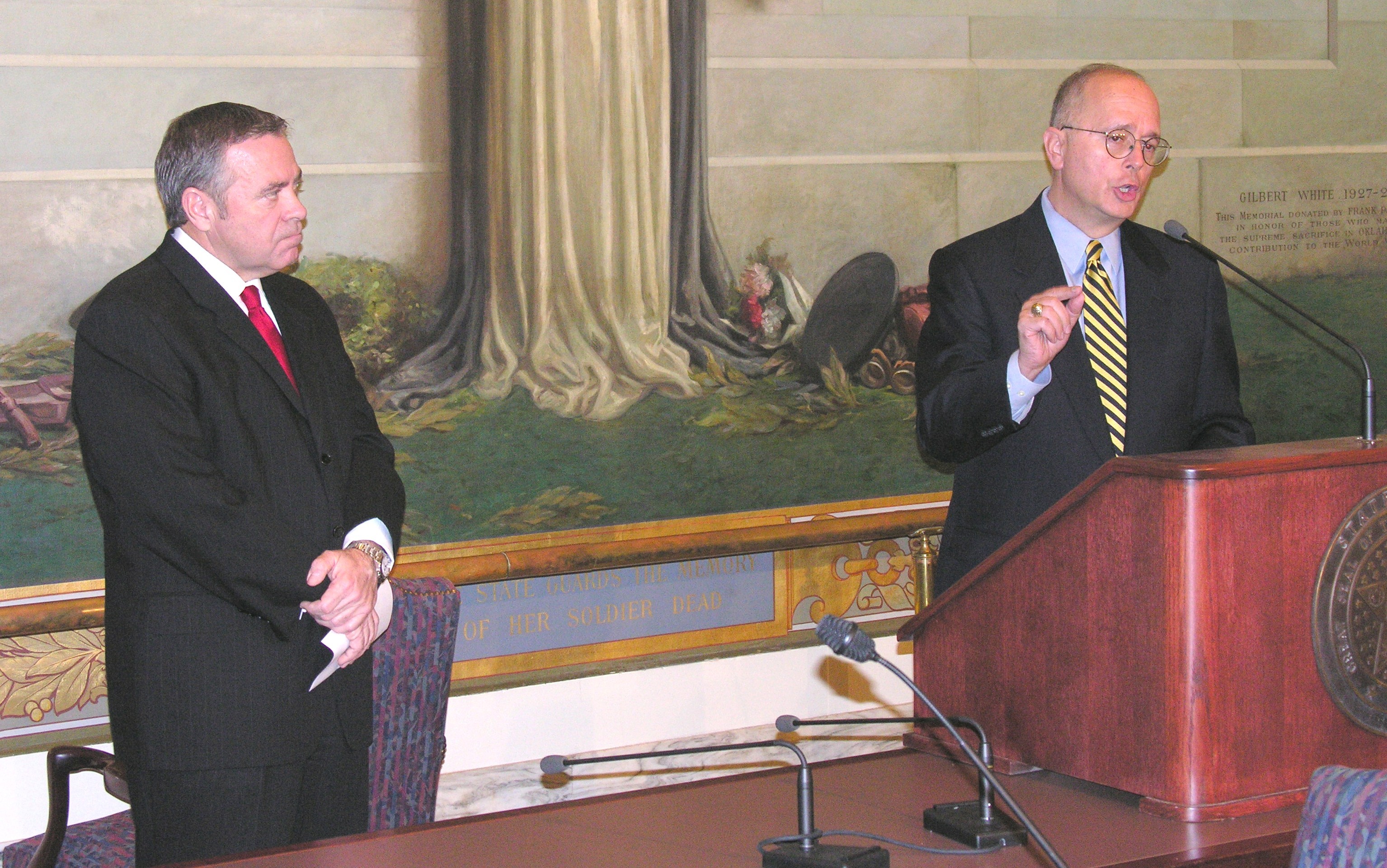 Senate President Pro Tem Mike Morgan and Appropriations Subcommittee on Education Chairman Stratton Taylor explain Democratic Education Plan.