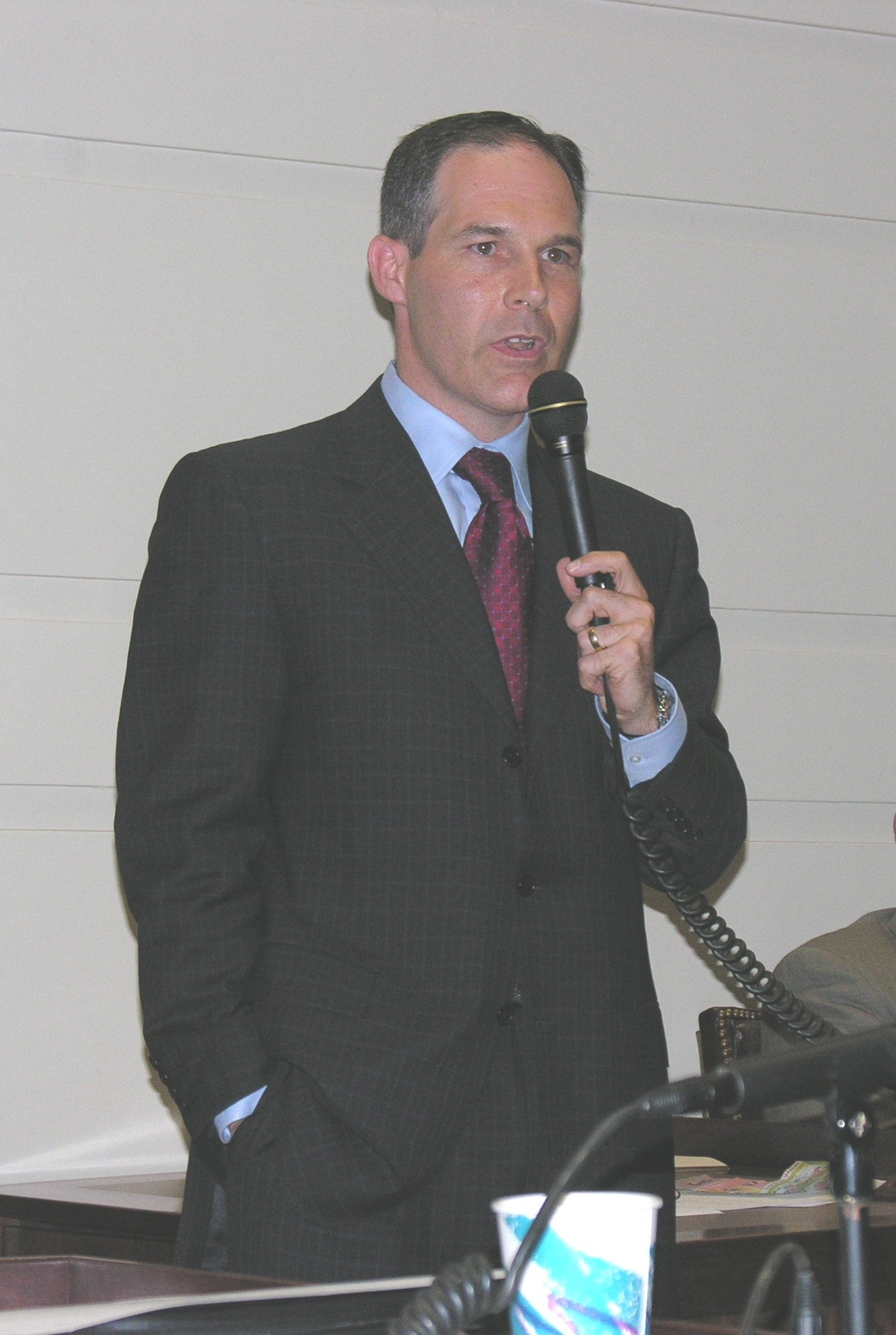 Senator Scott Pruitt addresses members of the Senate who honored him Tuesday for his service.