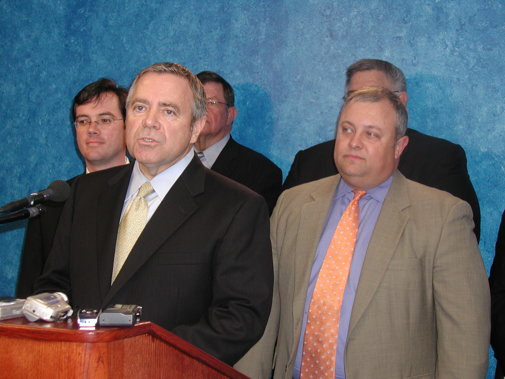 House Speaker Lance Cargill, Pres. Pro Tem Mike Morgan and Co-Pres. Pro Tem Glenn Coffee discuss the budget agreement Monday at the State Capitol.