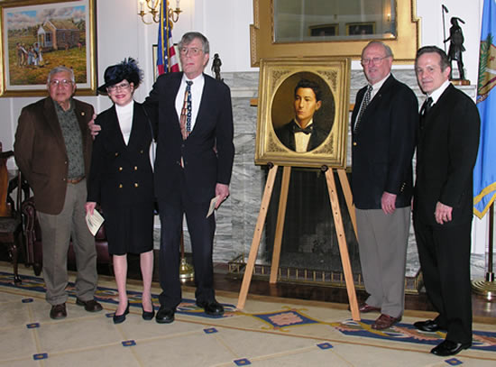 The sponsors of the Alexander Posey portrait Speaker Thomas Yahola, representing the Muskogee Nation National Council, and former state Senator Jim and Sally Howe Smith pose wtih Senate Preservation Fund president and former Senator Charles Ford and arti
