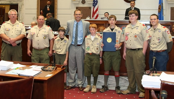 Sen. Joe Sweeden poses with members of the Pawhuska Boy Scouts Troop after the presentation of SCR 24 on the Senate floor.