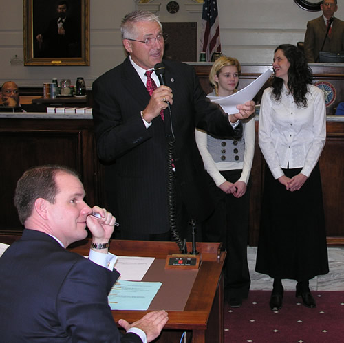 Sen. Harry Coates honored Stroud native and Route 66 Rock Cafe owner Dawn Welch for her many contributions to the state and historic Route 66.  Also pictured is Welch's daughter, Alexis Herr, who served as a page this week for Sen. Coates.