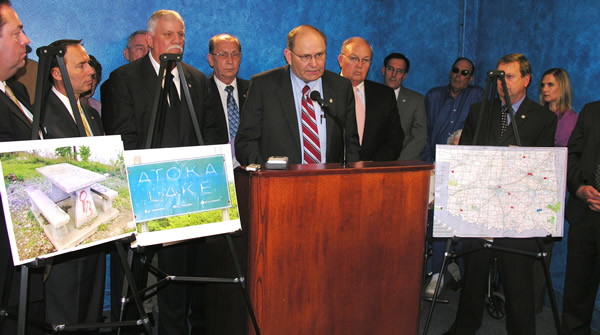 Sen. Jerry Ellis and Sen. Jim Wilson along with their colleagues in the Democratic Caucus protested plans by Oklahoma City to purchase the water of Sardis Lake Tuesday at the State Capitol. 