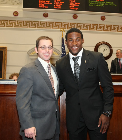 Sen. Bryce Marlatt and 2010 Jim Thorpe Award winner Patrick Peterson