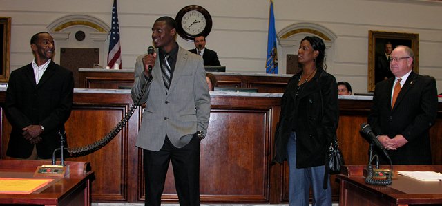 Morris Claiborne, recipient of the 2011 Jim Thorpe Award addresses the Senate on Tuesday.