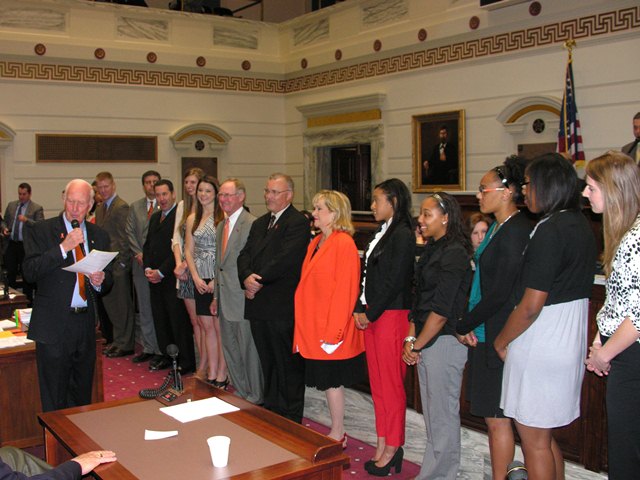 Former OSU President, Sen. Jim Halligan welcomes the OSU Cowgirls Basketball Team to the Senate.