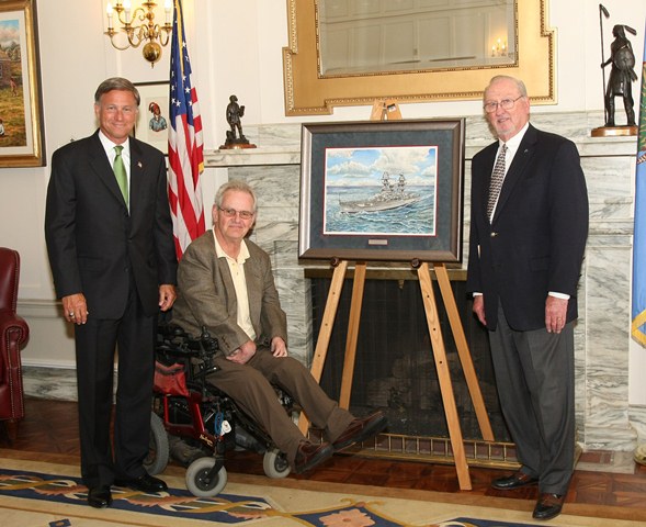 Retired Adm Slavonic, artist Greg Burns and Fund President Charles Ford