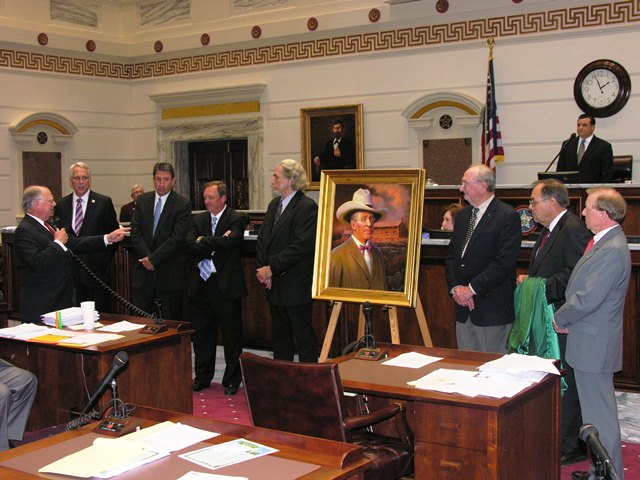 Sen. John Ford introduces his colleagues from Phillips 66. Pictured L-R: H.J. Reed, Dan Gilliam, Stan Baughn and artist Wayne Cooper, Preservation Fund president Charles Ford, Rep. Steve Martin and Rep. Earl Sears. 