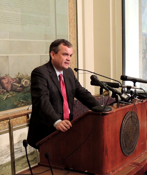 Senate Minority Leader Sean Burrage addresses the media following Gov. Mary Fallin's State of the State Address at the Capitol..
