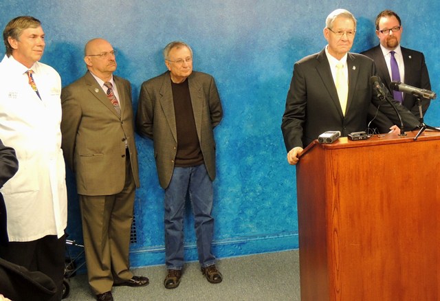 Dr. Stephen Cagle, Chair Oklahoma City-County Health Department, Ponca City Mayor and Oklahoma Municipal  League Board President Home Nicholson, Councilman Pete White, Oklahoma City, Sen. Frank Simpson, R-Springer, and Sen. Rob Johnson, R-Yukon, discuss 