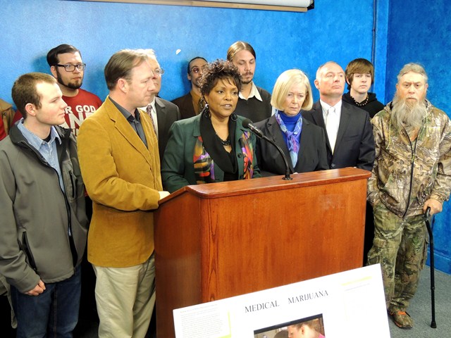 Sen. Constance Johnson discusses her efforts to reform Oklahoma's marijuana policies. Also pictured L-R:  Chris Fairchild (to her immediate left); former Rep. Porter Davis (behind her); Dr. Katherine Scheirman (to her right); and Attorney David Slane alo