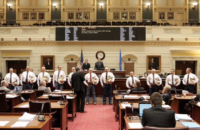 Sen. Ron Justice presents Senate Resolution 69 Monday recognizing the Oklahoma Department of Agriculture, Food, and Forestry’s Investigative Services Division (Pictured L-R: Auditor Jeff  Scott, Special Agents Eddie Davenport, Paul Cornett, Michael Hoo