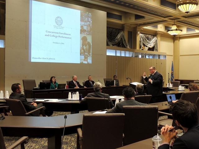 Members of the Senate Education Committee listen to Higher Education Chalencellor Glen Johnson discuss concurrent enrollment program successes.