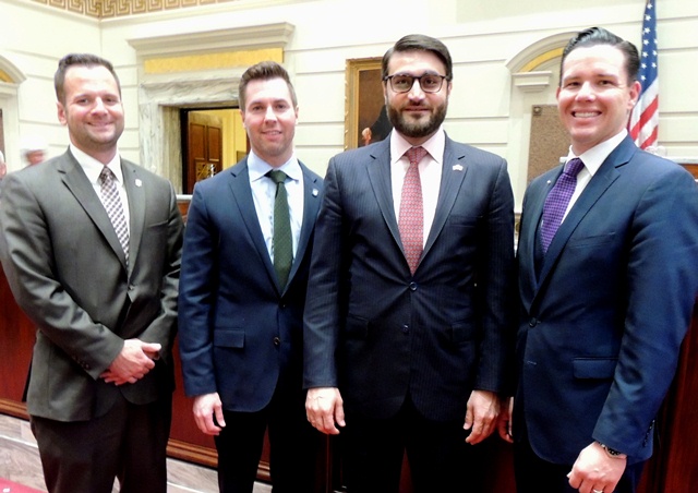 Afghan Ambassador addresses State Senate to thank Oklahoma troops who served in his country.  Sen. J.J. Dossett; D-Owasso; Sen. Adam Pugh, R-Edmond; Dr. Hamdullah Mohib, Ambassador from Afghanistan; and Sen. Jason Smalley, R-Stroud.  The three senators s