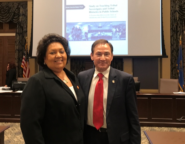 Sen. Ron Sharp welcomes Absentee Shawnee Tribe Governor Edwina Butler-Wolfe to the State Capitol on Thursday, October 5.