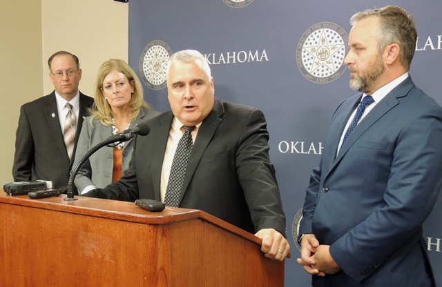 Senate leaders talk to Capitol press following Monday's 37-5 vote on bipartisan revenue bill. Pictured are Appropriations Vice Chair Sen. Eddie Fields, R-Waynona; Appropriations Chair Sen. Kim David, R-Porter; Senate President Pro Tempore Mike Schulz, R-