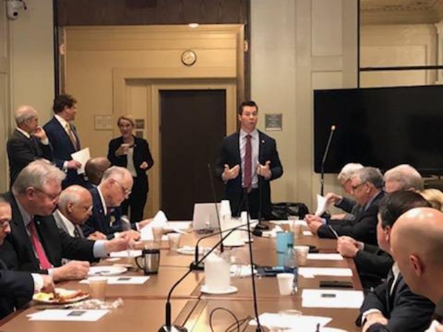 Sen. Adam Pugh, R-Edmond, leads the first Aerospace Caucus meeting at the Capitol this week.